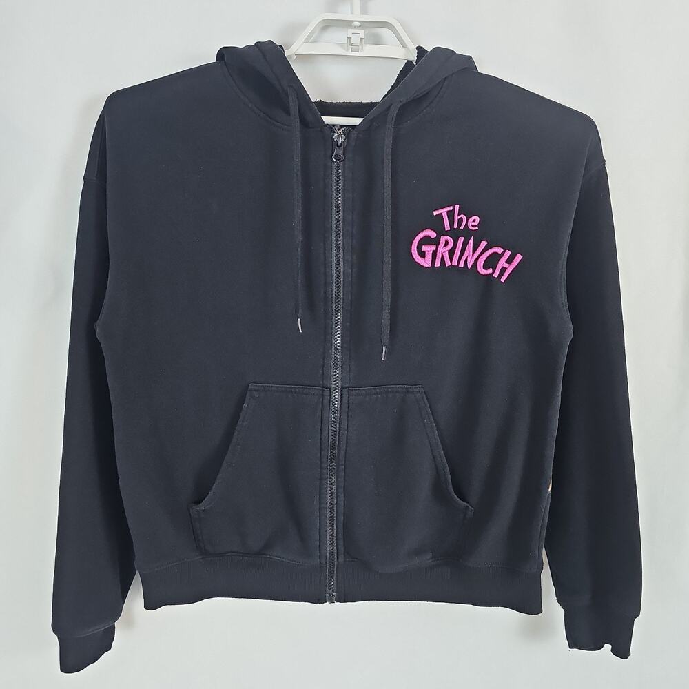 Dr. Seuss The Grinch Full Zip Hooded Jacket Women's Large Black Pink Christmas